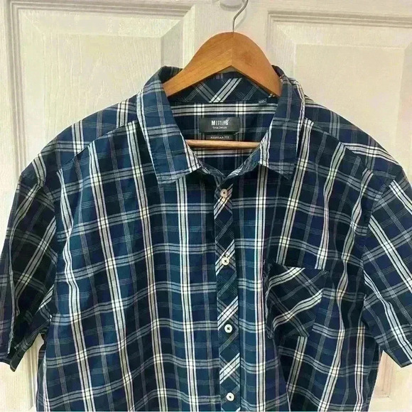 Mustang True Denim Blue plaid short sleeve button down collared Men’s shirt 3XL - Picture 2 of 7